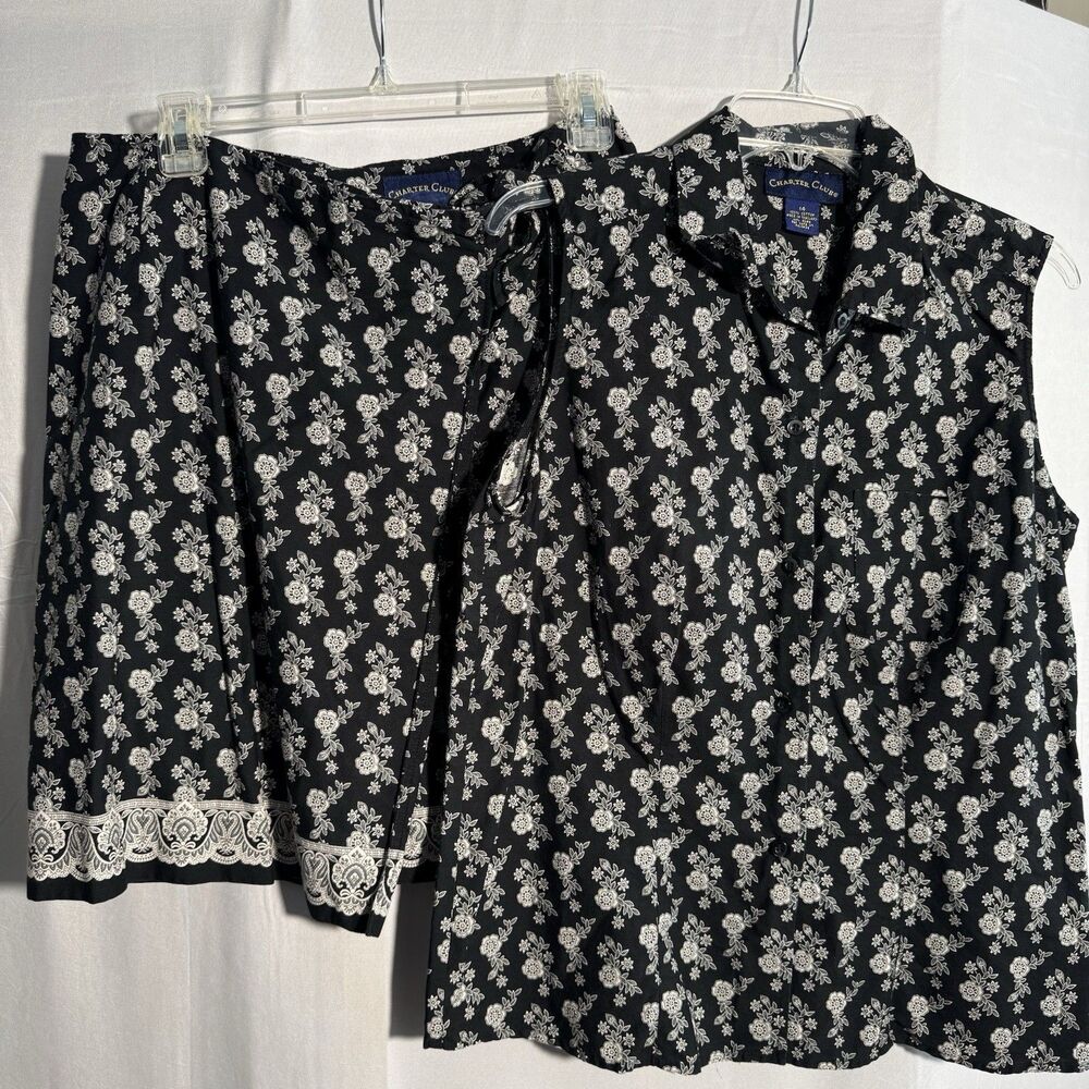 Charter Club Women’s 2Pc Set Floral Wrap Skirt Tie Waist Top Black White Size 14